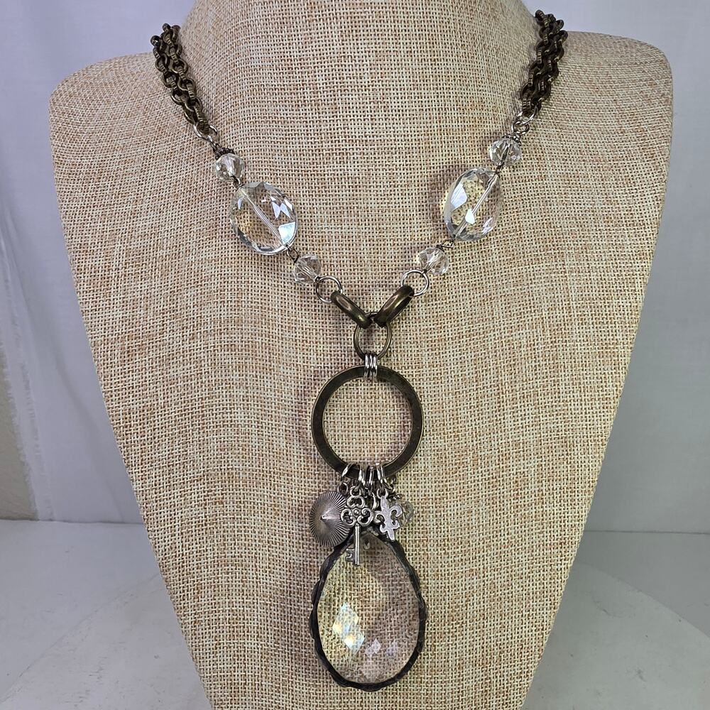 Vintage Necklace Clear Glass Teardrop w/ Fleur de Lis Charm on Multi Chain 29 In